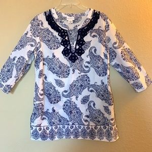 Liz Claiborne Boho Tunic Top Blue & White Size S